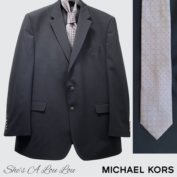 Michael Kors • Navy Wool Blend, Classic Fit Sport Coat Blazer w/Silk Tie | 46R - Picture 1 of 8